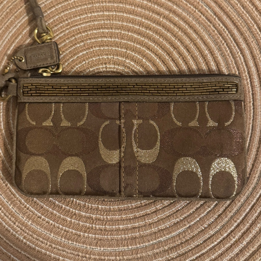 Coach Brown Wristlet with Gold beaded and suede Accents
